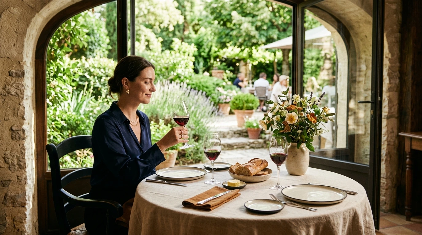 Table élégante dans un restaurant français avec vue sur le jardin