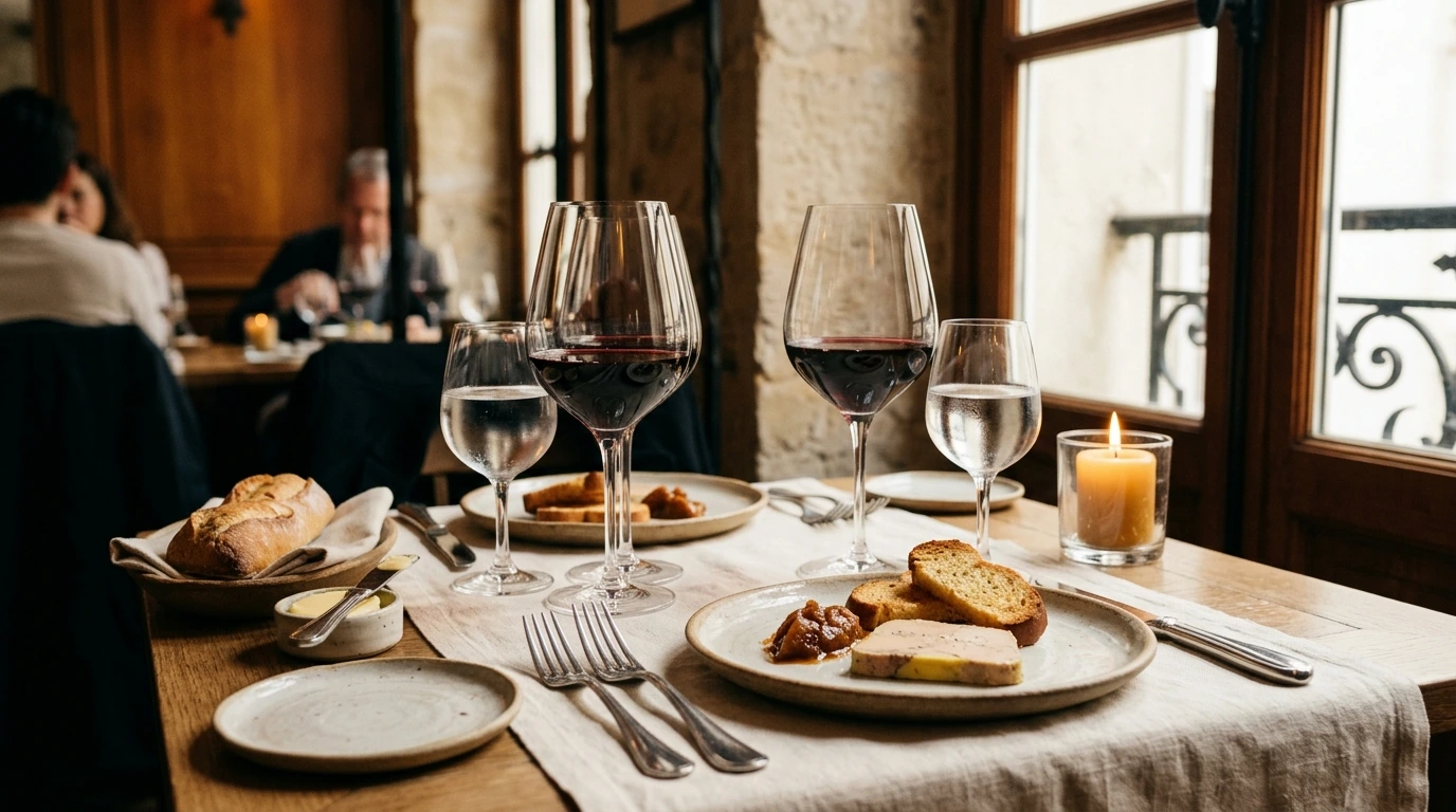 Table de restaurant gastronomique avec verrerie et couverts