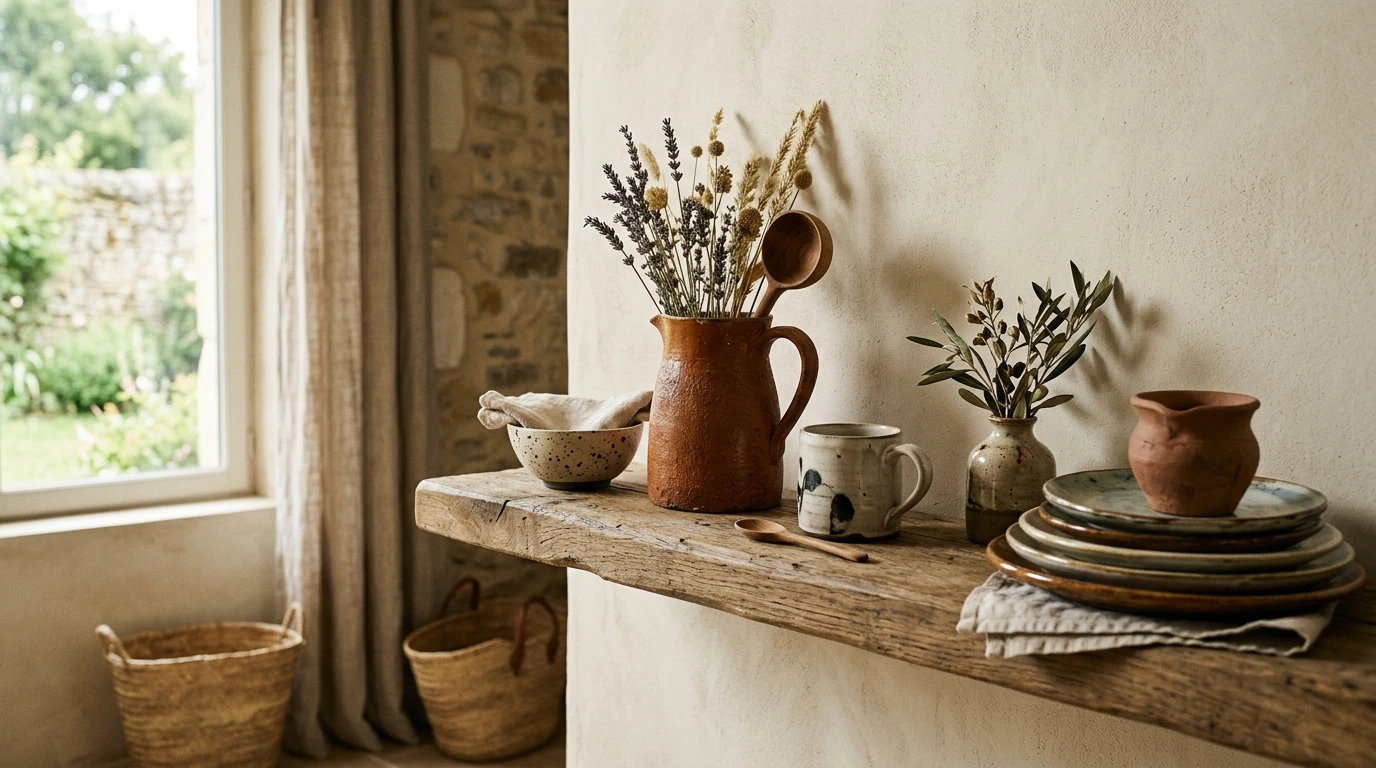 Céramiques artisanales sur une étagère en bois