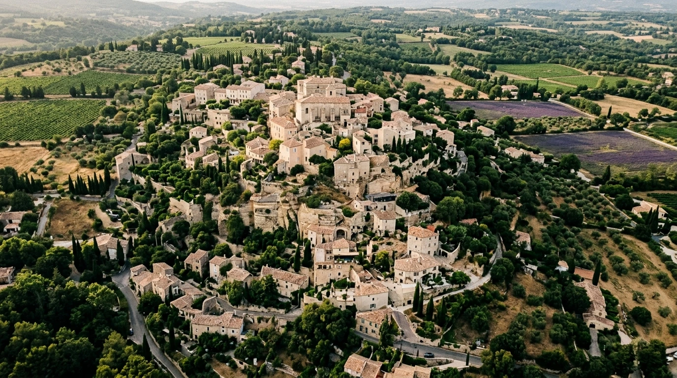 Vue aérienne d'un village provençal avec verdure