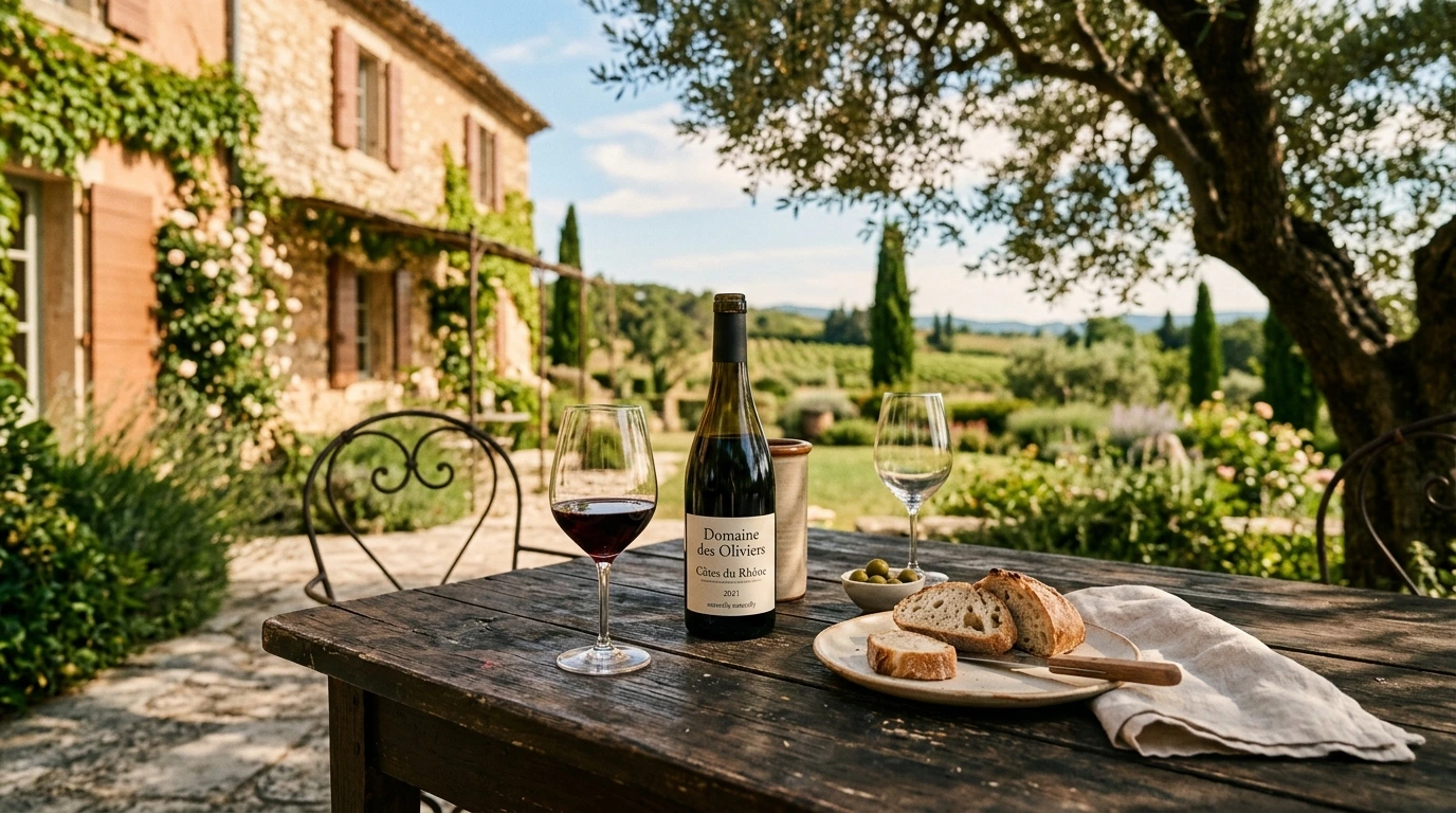Bouteille de vin sur table extérieure ensoleillée