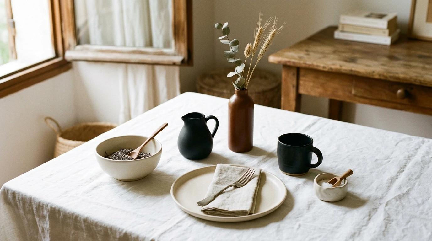 Objets en céramique minimaliste sur surface blanche