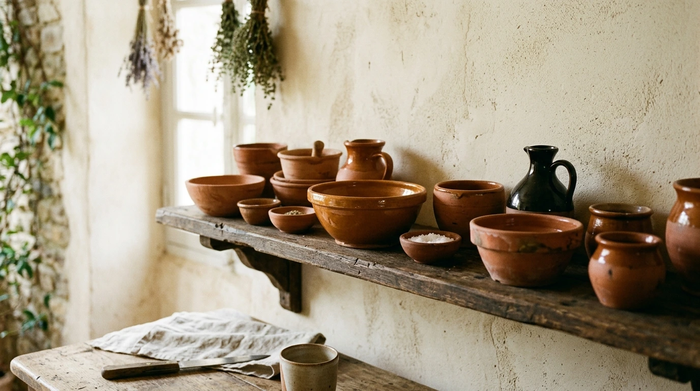 Pots et bols en argile sur une étagère d'atelier