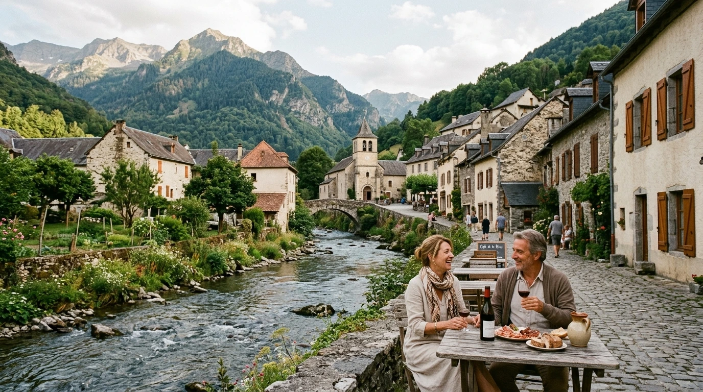 Village français dans les Pyrénées avec rivière