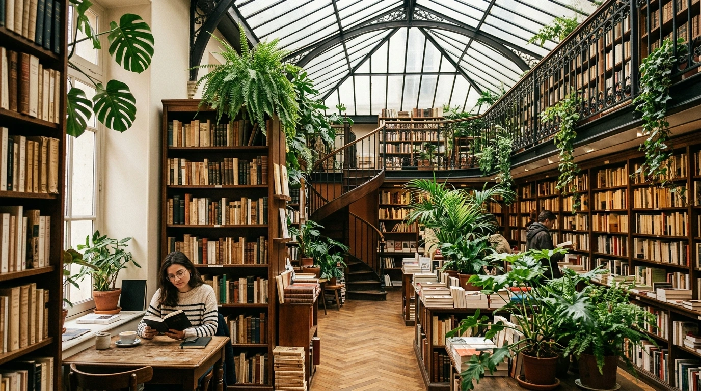 Librairie parisienne avec verrière et plantes