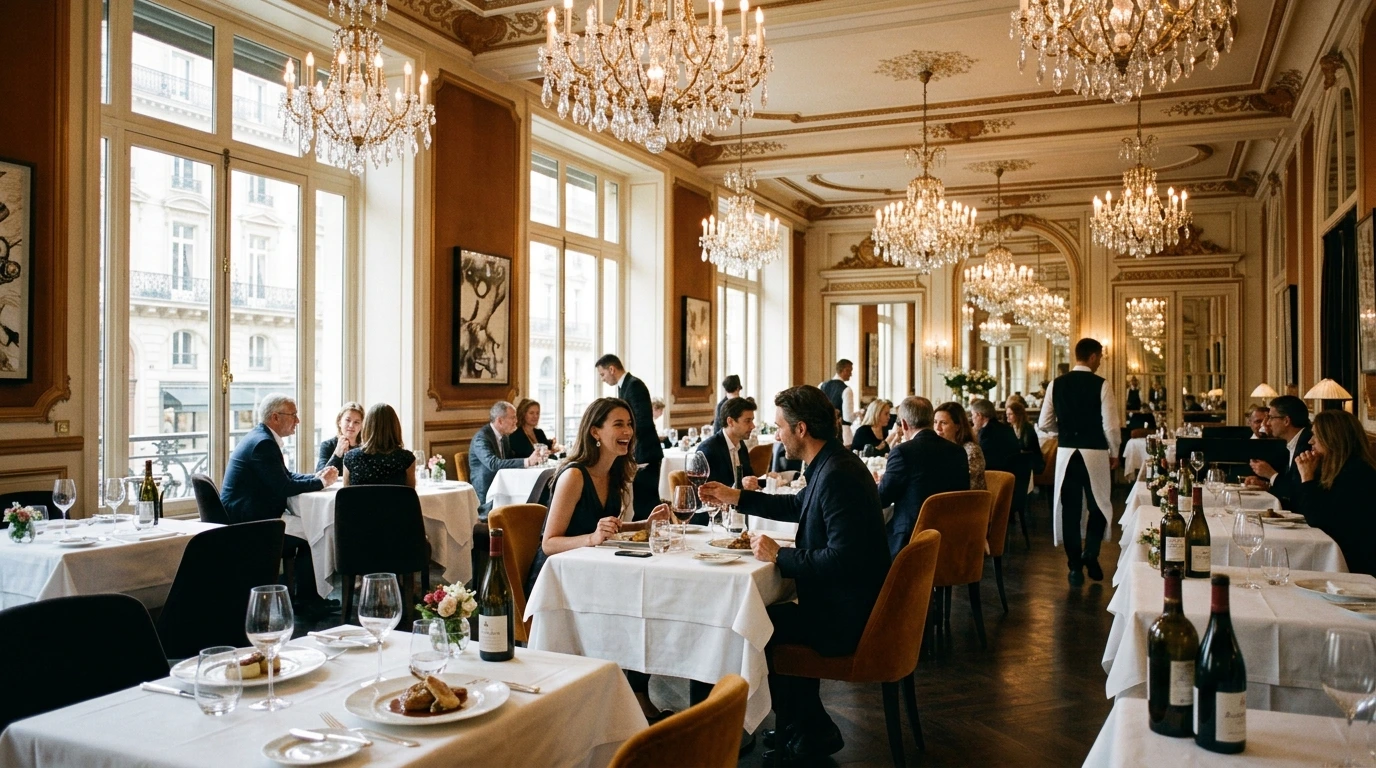 Salle de restaurant élégante avec lustres en cristal