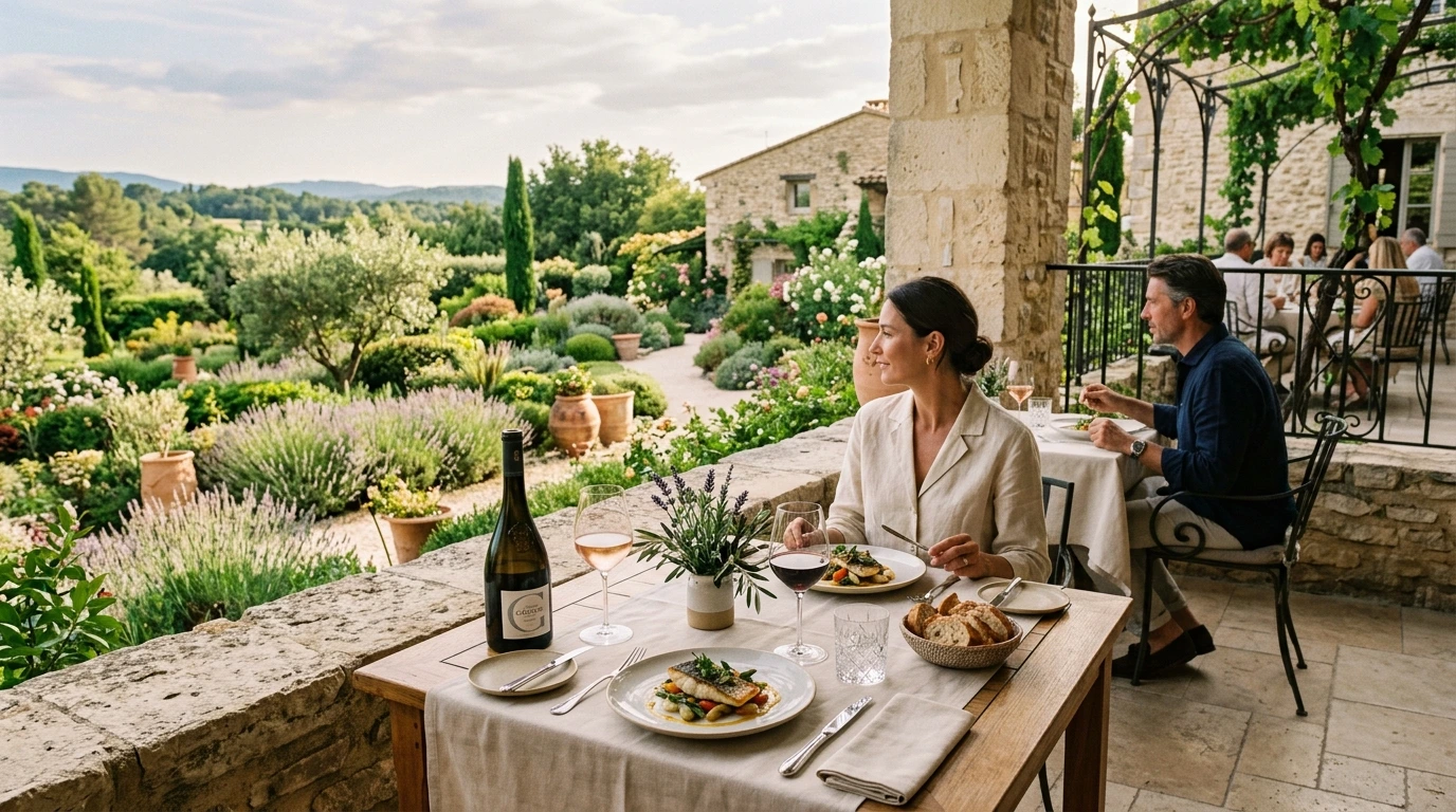 Restaurant gastronomique avec vue sur jardin provençal