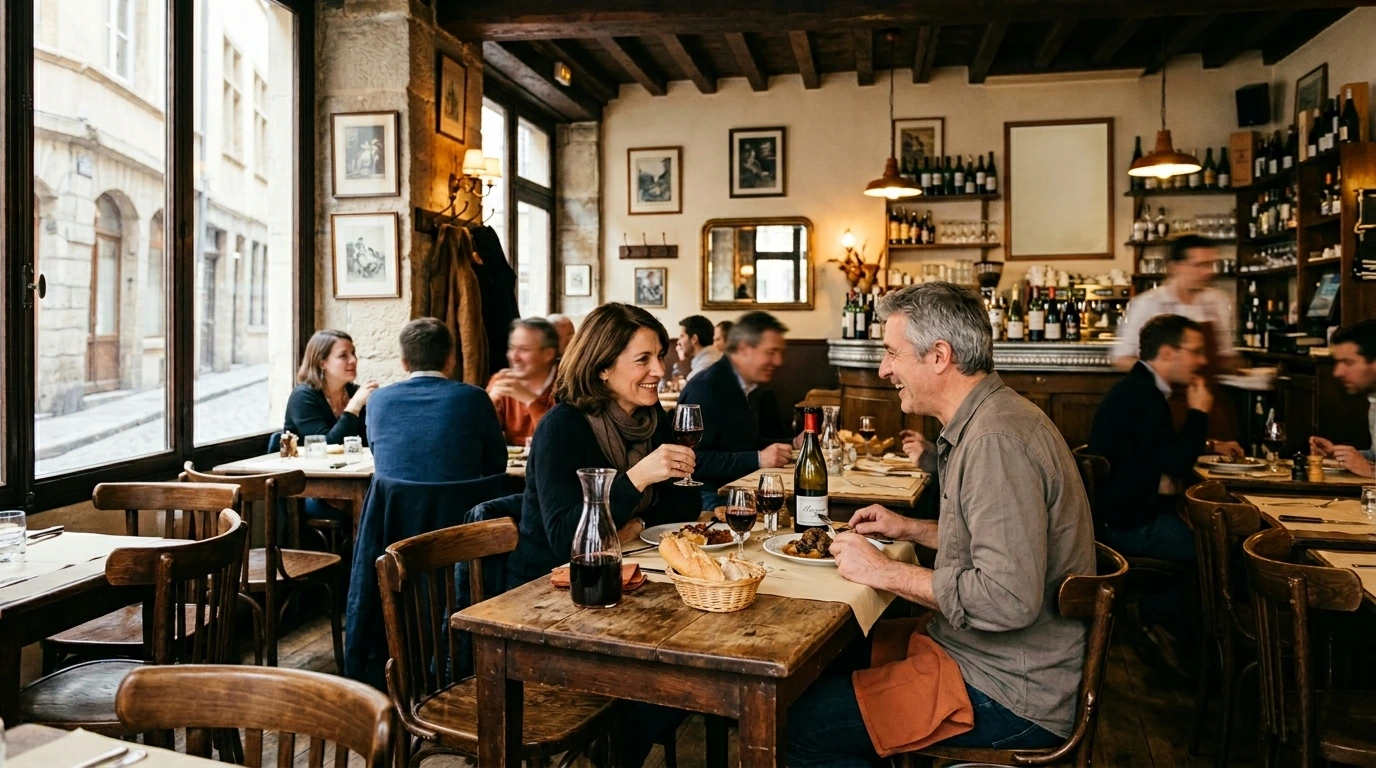 Bistrot lyonnais avec tables en bois et atmosphère chaleureuse