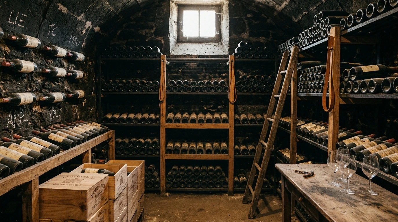Cave à vins ancienne avec collection de bouteilles Bordeaux