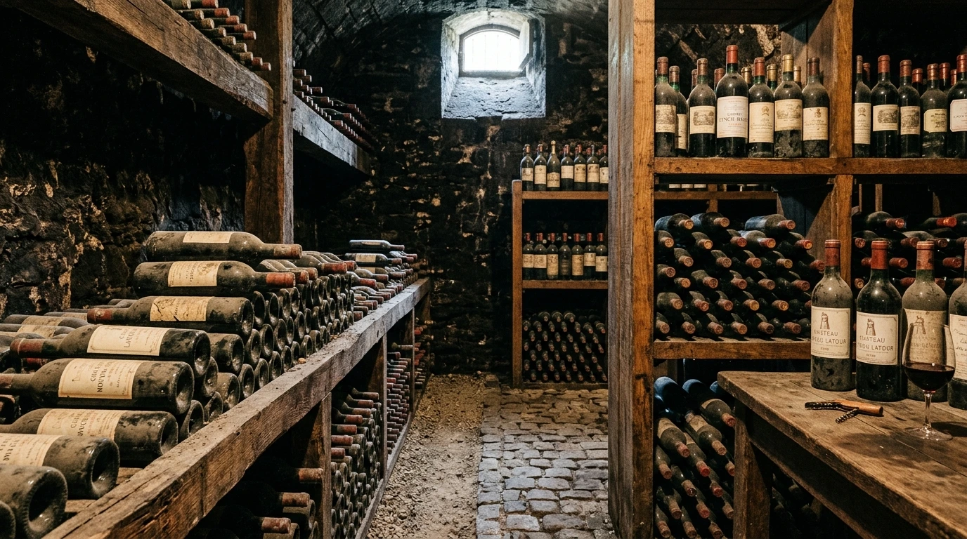 Cave à vins ancienne à Pauillac, Bordeaux — collection de bouteilles