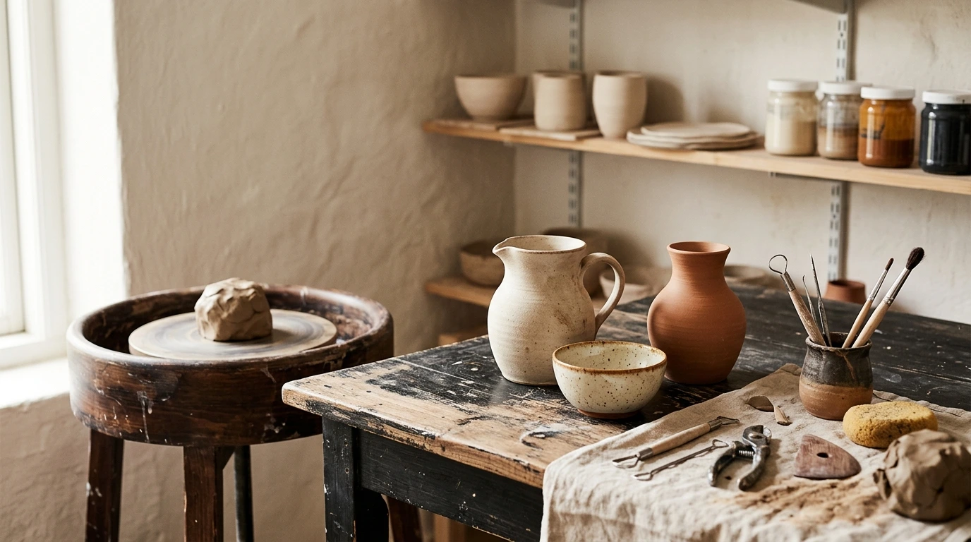 Tasses et bocaux en céramique sur une étagère en bois