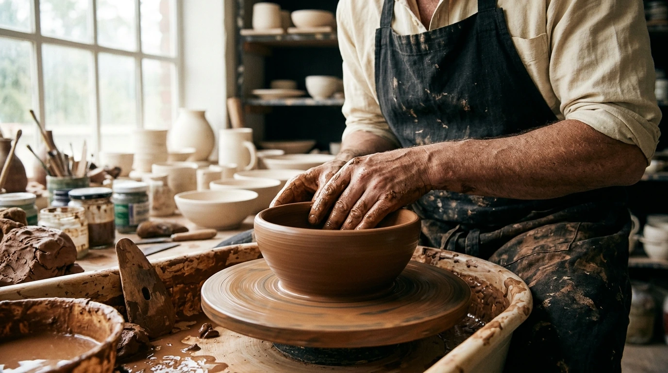 Mains d'un artisan façonnant une pièce en argile au tour de potier