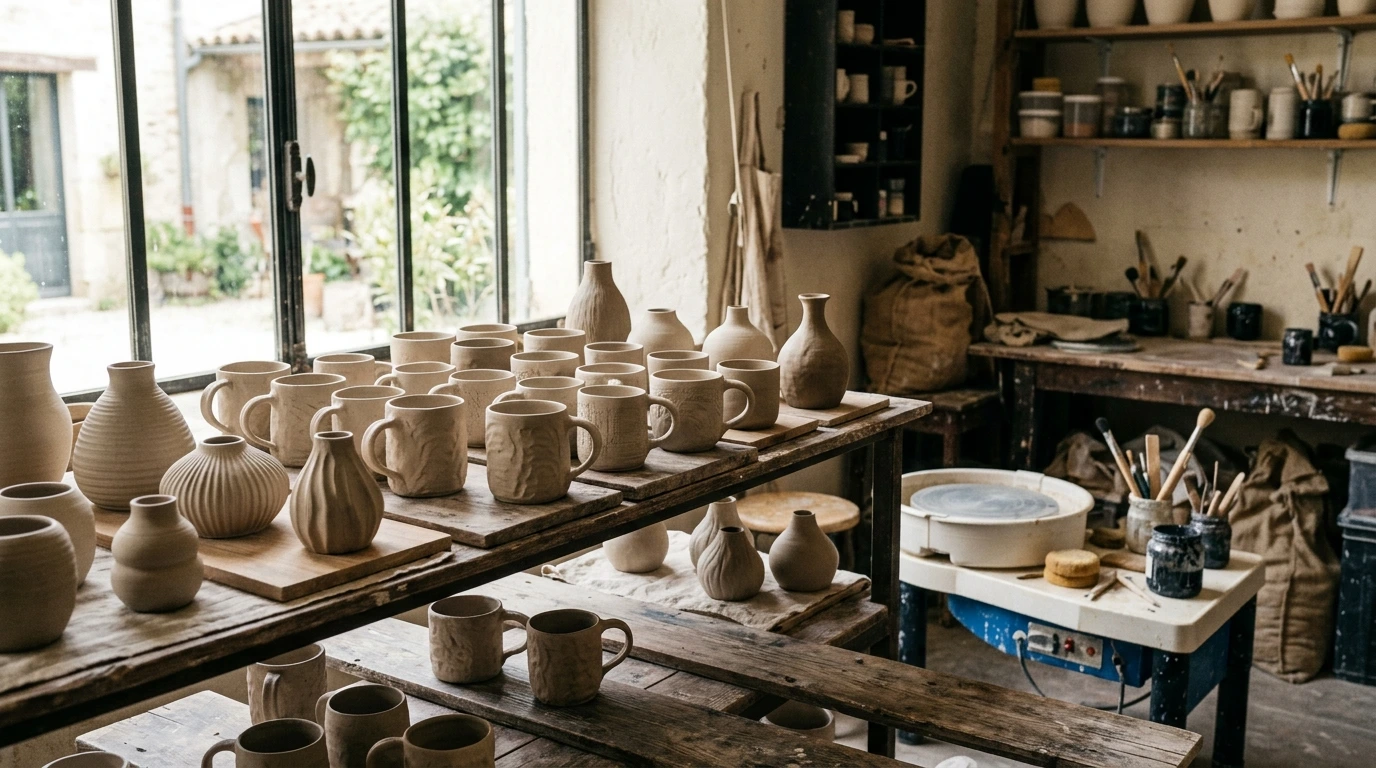 Mugs et vases en céramique séchant dans un atelier