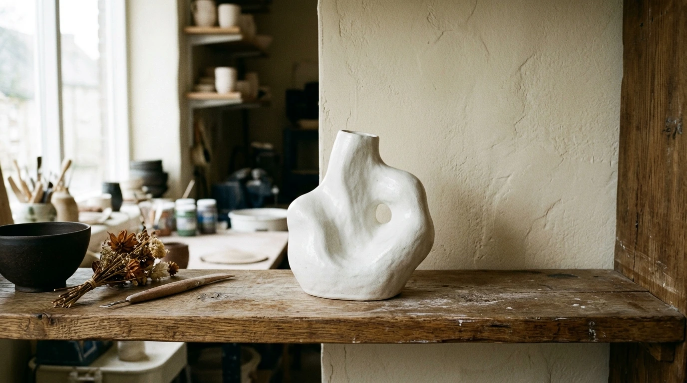 Sculpture en céramique blanche sur une étagère en studio