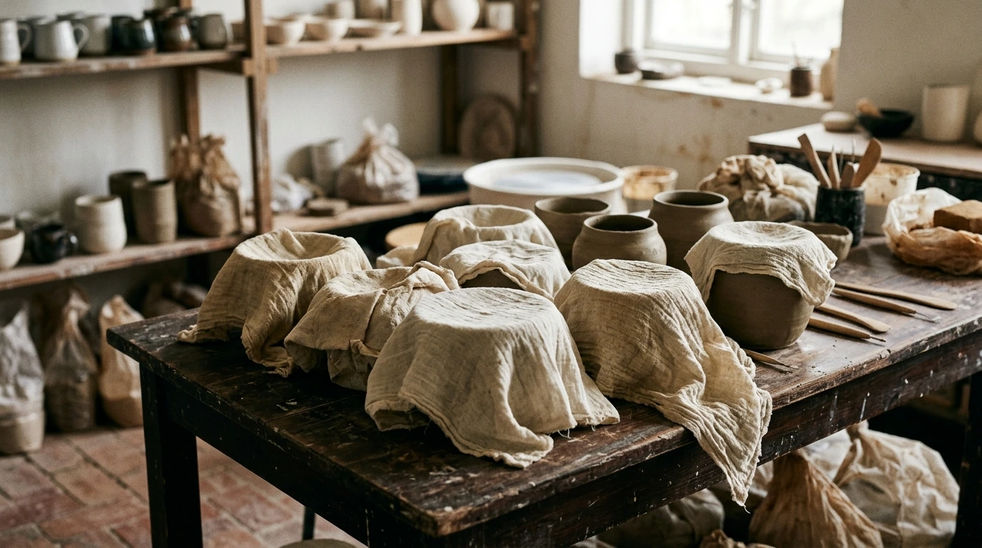 Pots en céramique non finis recouverts de tissu dans un atelier