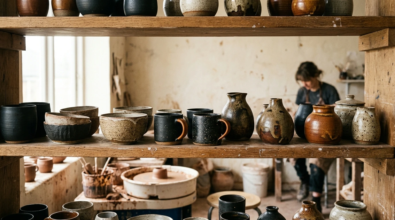 Pots et bols en poterie artisanale sur une étagère d'atelier