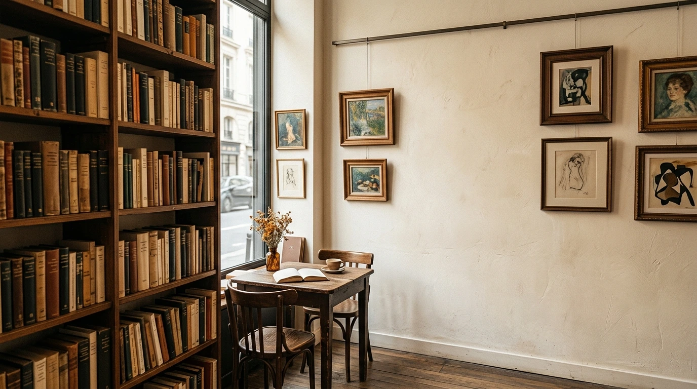 Visiteurs dans une galerie d'art parisienne regardant des tableaux