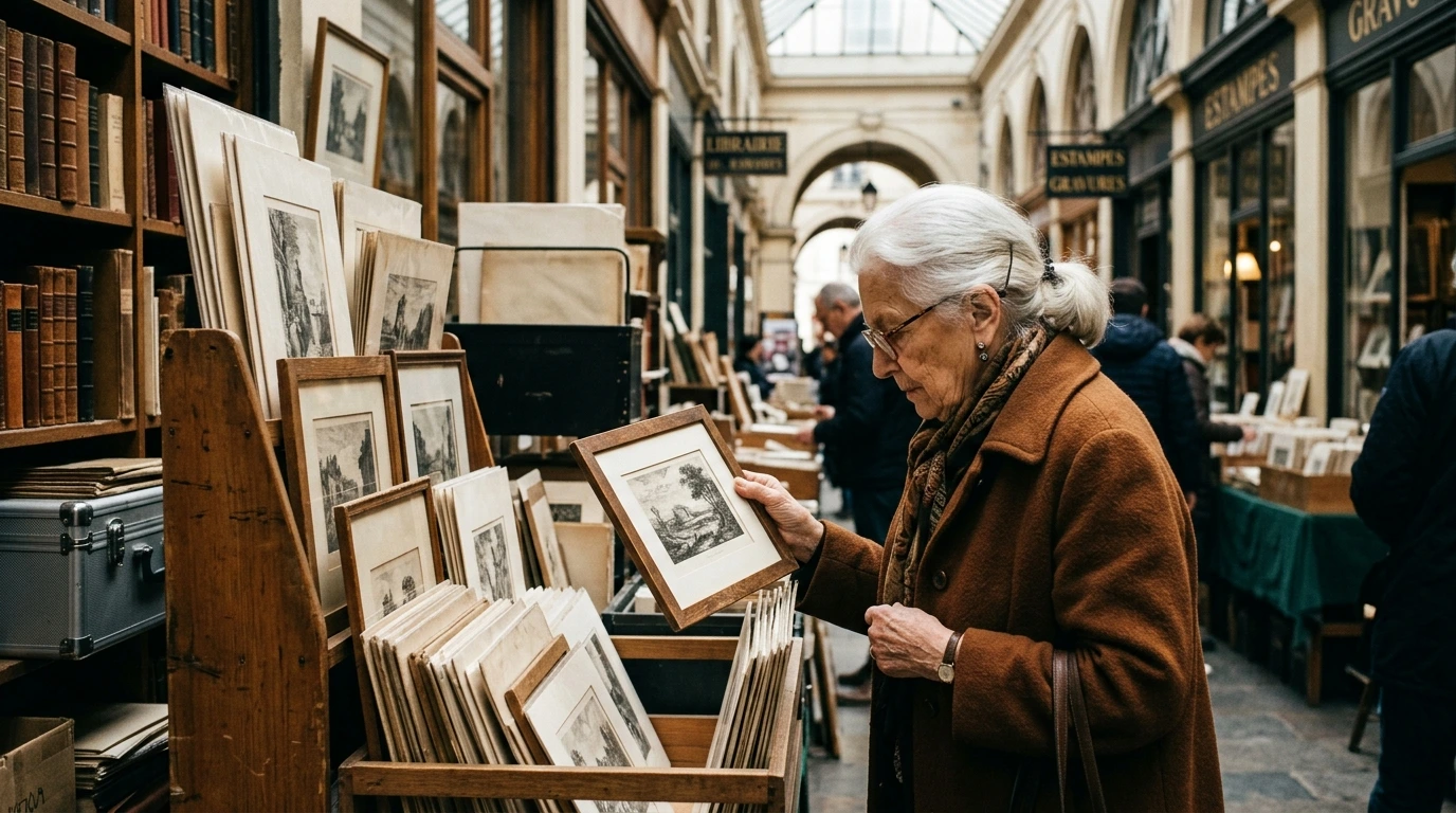 Visiteur âgé regardant des estampes dans un marché parisien