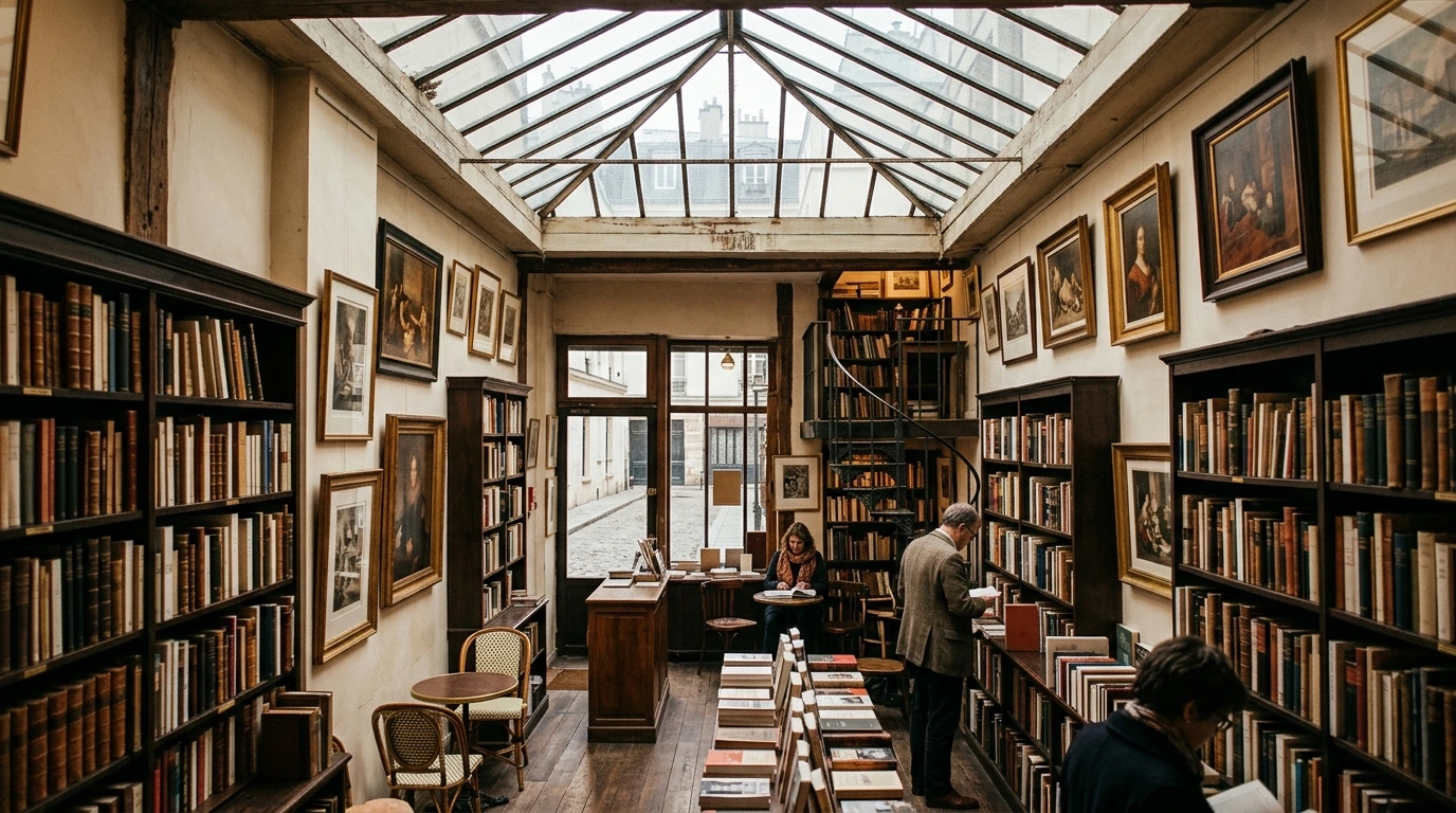 Librairie parisienne avec verrière et collection de livres