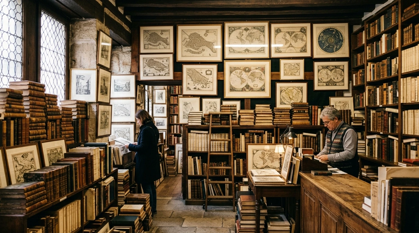 Librairie vénitienne avec cartes illustrées et livres empilés