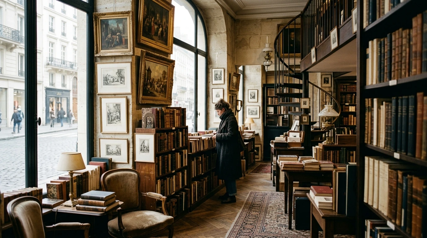 Librairie parisienne avec décoration vintage et livres anciens