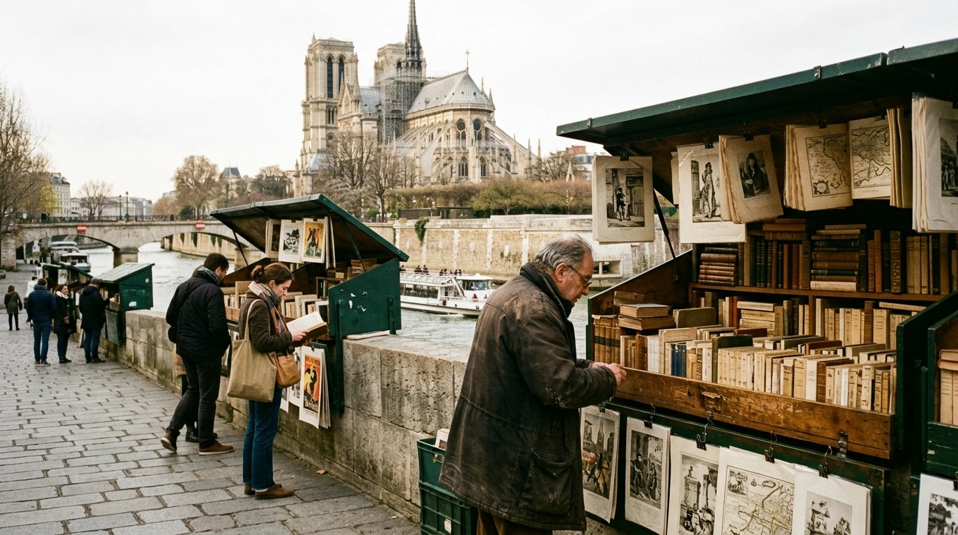 Bouquinistes au bord de la Seine à Paris avec livres d'occasion