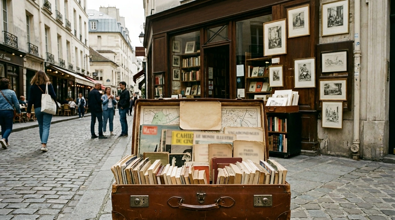 Livres et magazines vintage dans une valise ouverte sur la rue