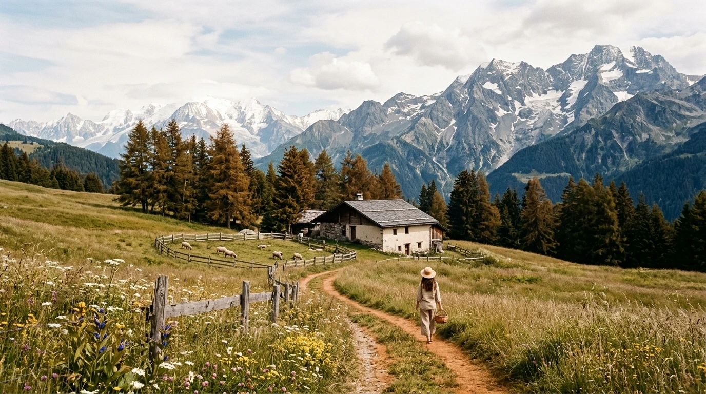 Prairie alpine en France avec vue sur les montagnes
