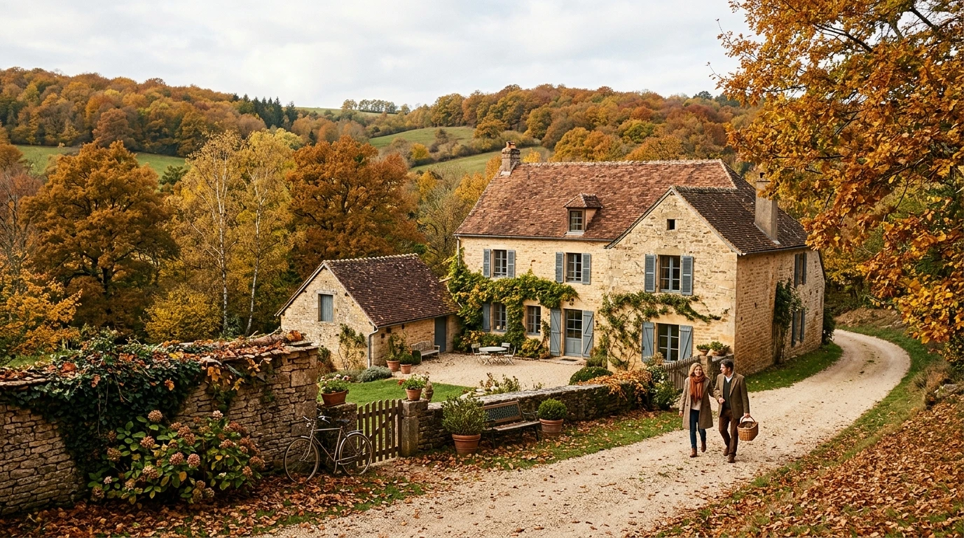 Domaine de campagne française entouré de feuillages d'automne
