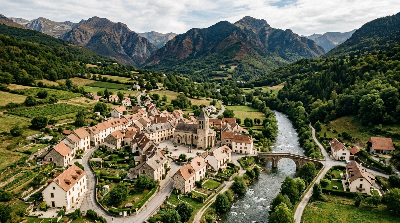 Vue aérienne village français dans les Pyrénées avec rivière
