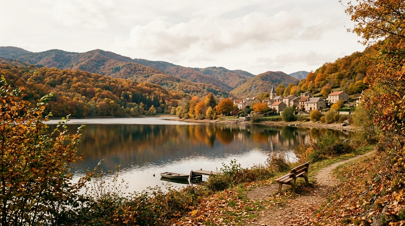 Vue automnale du lac d'Annecy avec montagnes