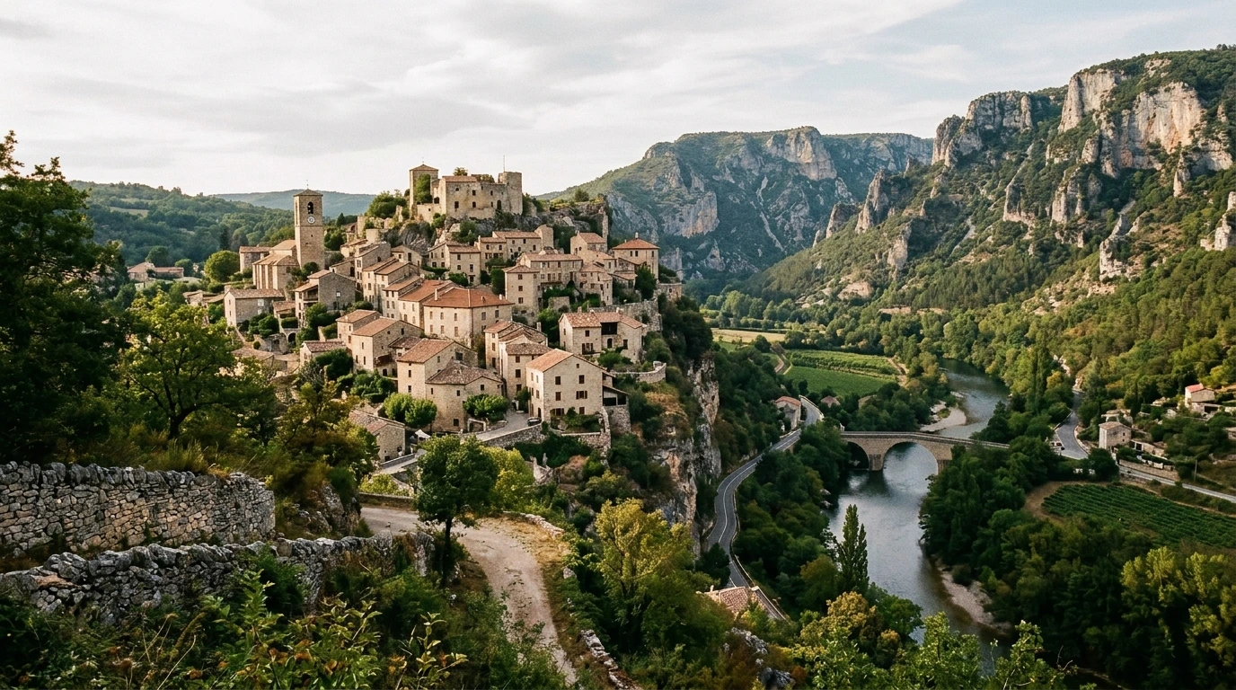 Village de Peyreleau en Occitanie au pied d'une falaise rocheuse
