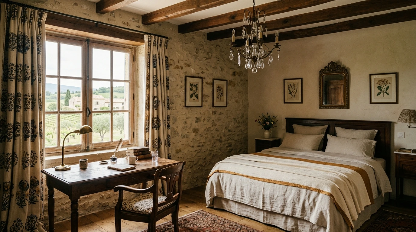 Chambre d'hôtel de caractère avec lustre, rideaux et bureau vintage