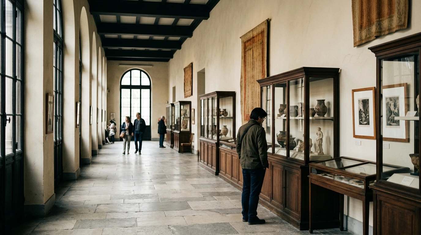 Salle d'exposition avec tableaux accrochés, ambiance feutrée