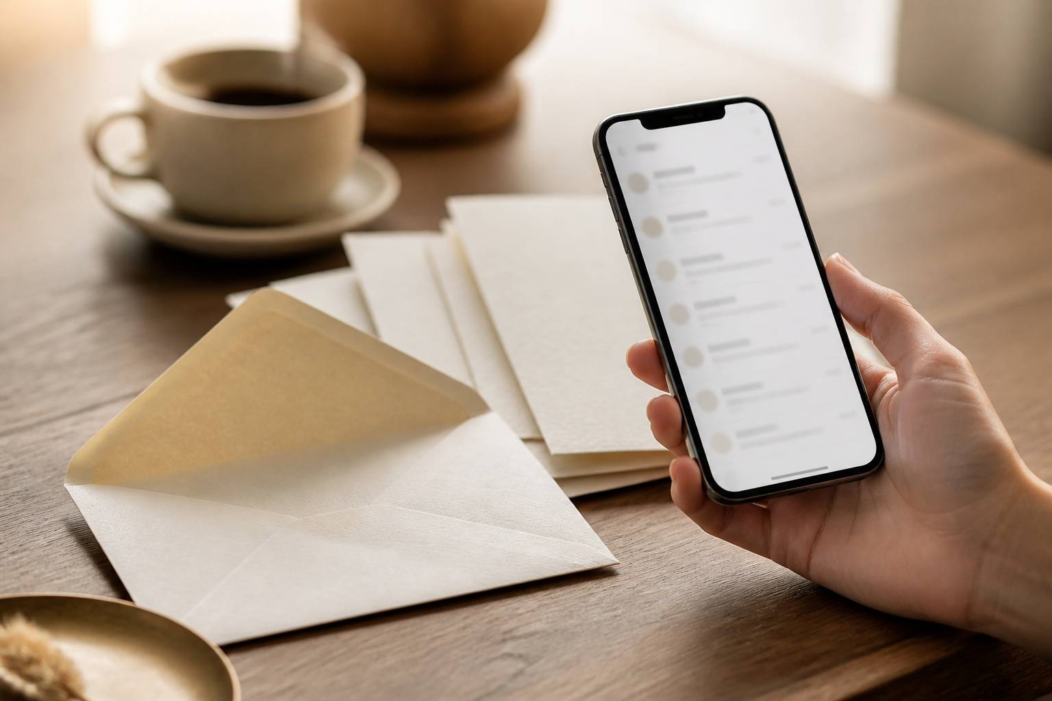 Main tenant un smartphone avec des enveloppes de courrier sur la table