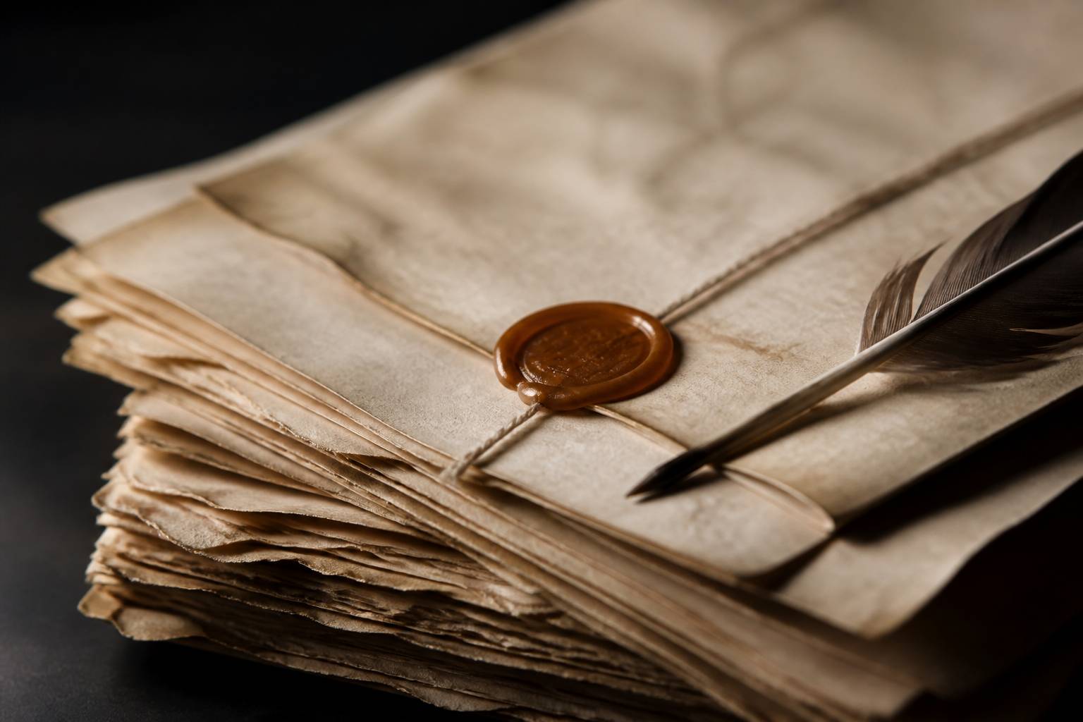 Documents d'archives anciens avec sceau de cire ambre et plume