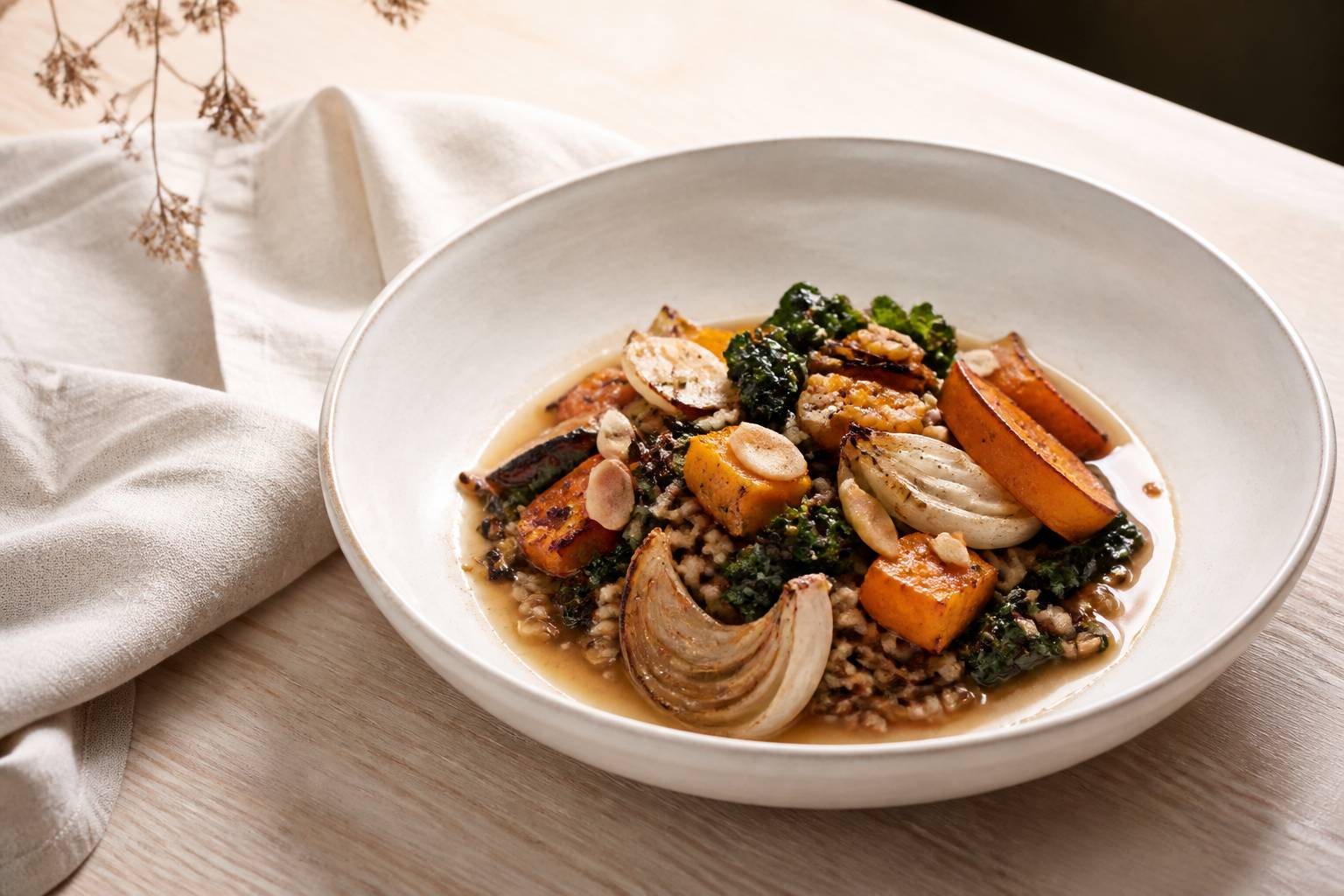 Assiette de céréales anciennes et légumes rôtis dressée avec soin