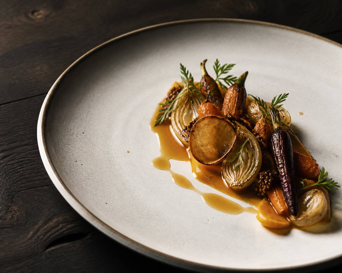 Assiette gastronomique dressée avec légumes de saison