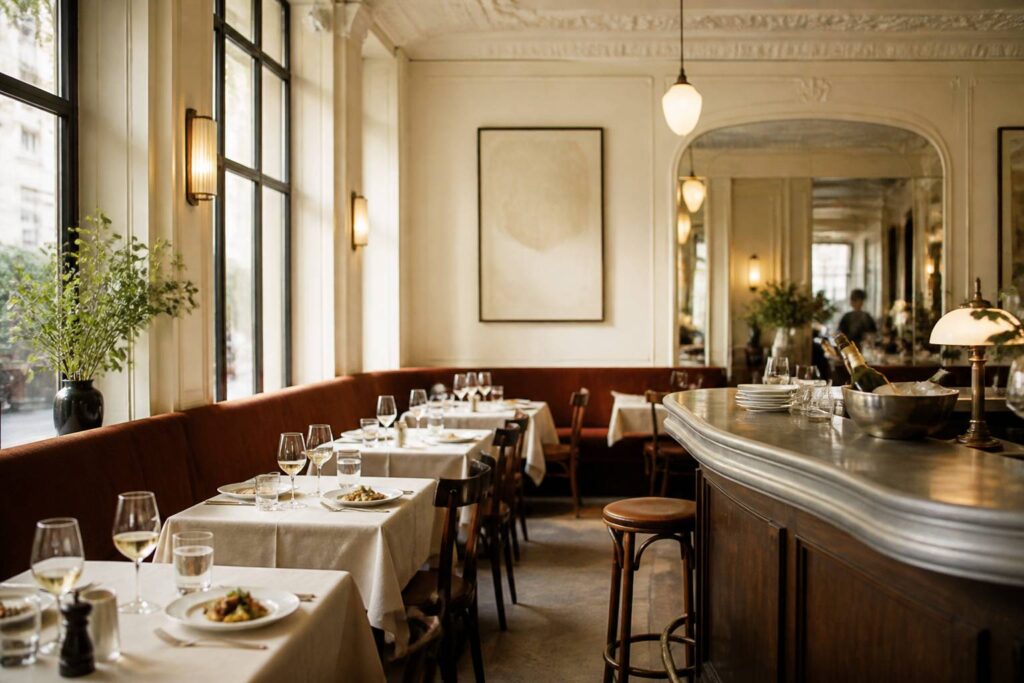 Bistrot parisien traditionnel avec comptoir en zinc et banquettes