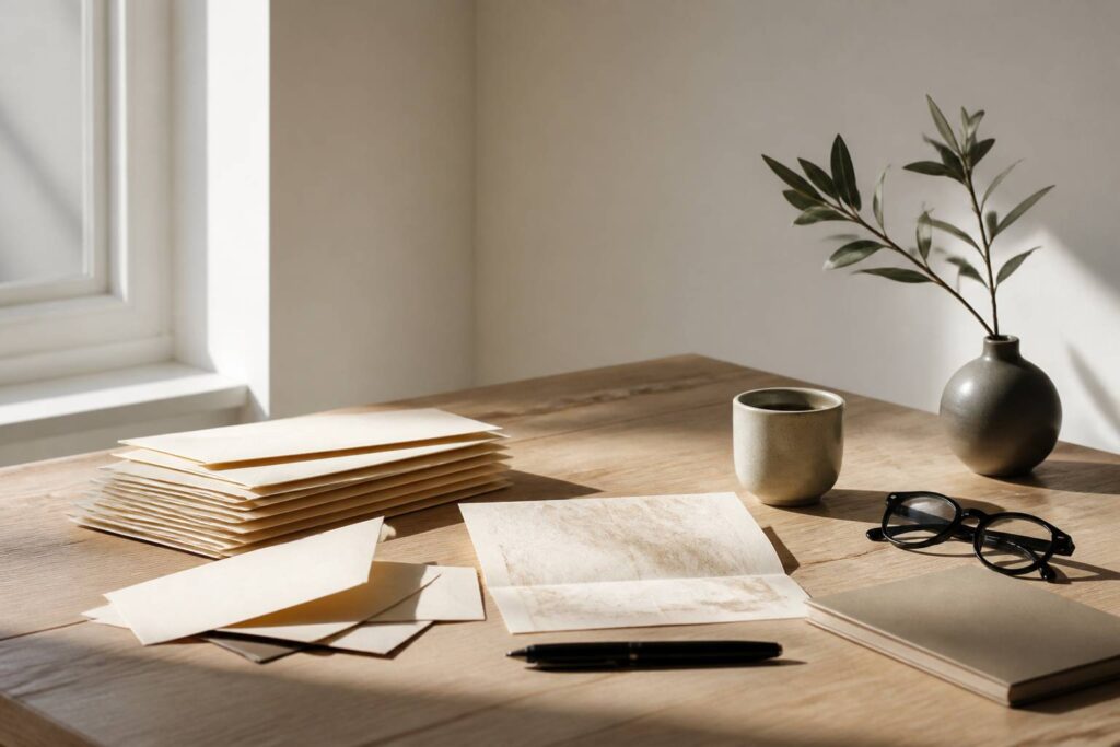 Bureau éditorial élégant avec enveloppes en papier crème, lettre ouverte, café et carnet
