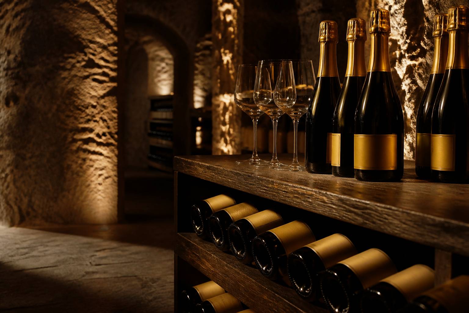 Cave à champagne avec bouteilles posées sur clayettes