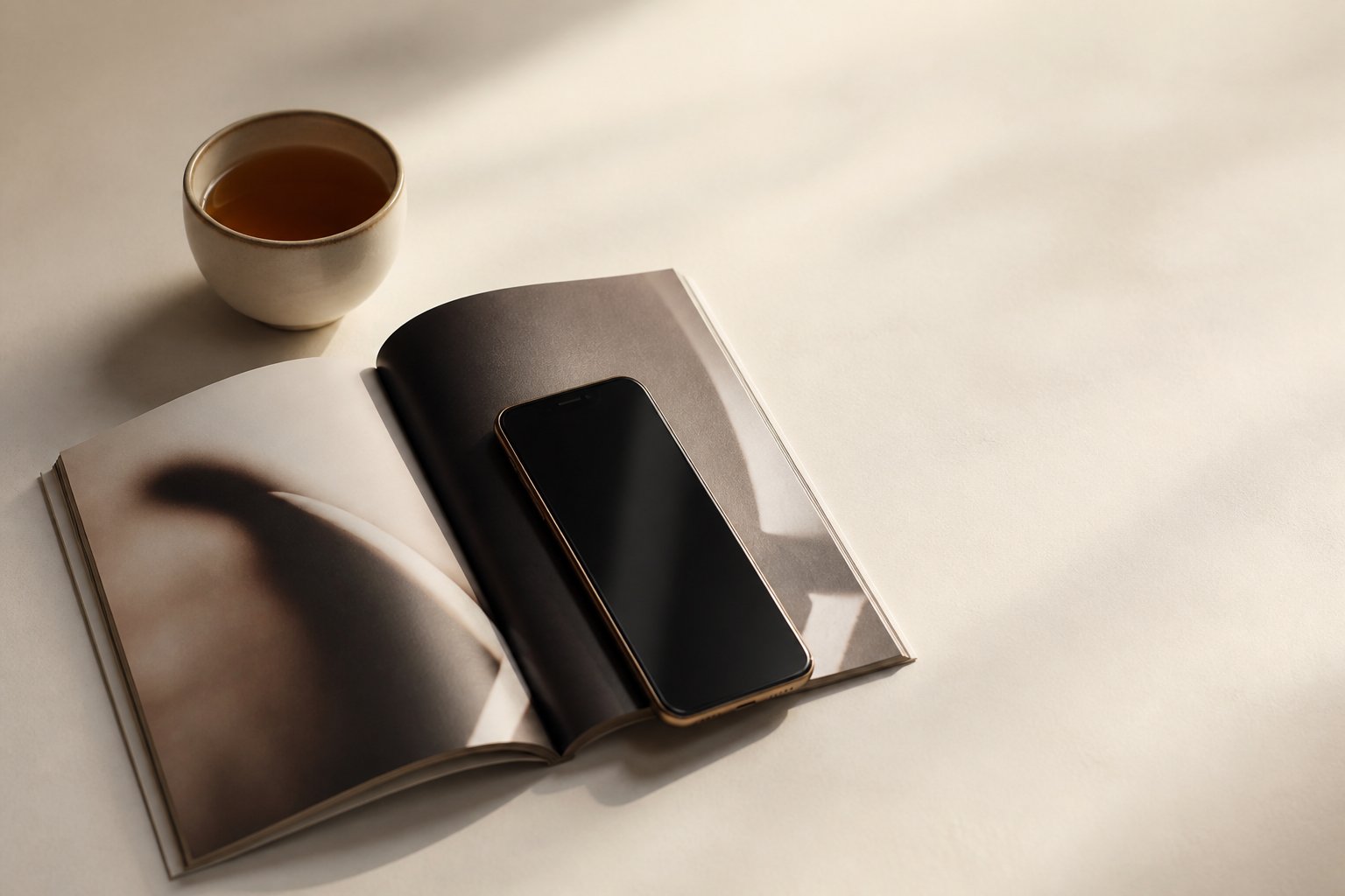 Smartphone posé sur un magazine ouvert à côté d'une tasse de thé, fond crème épuré