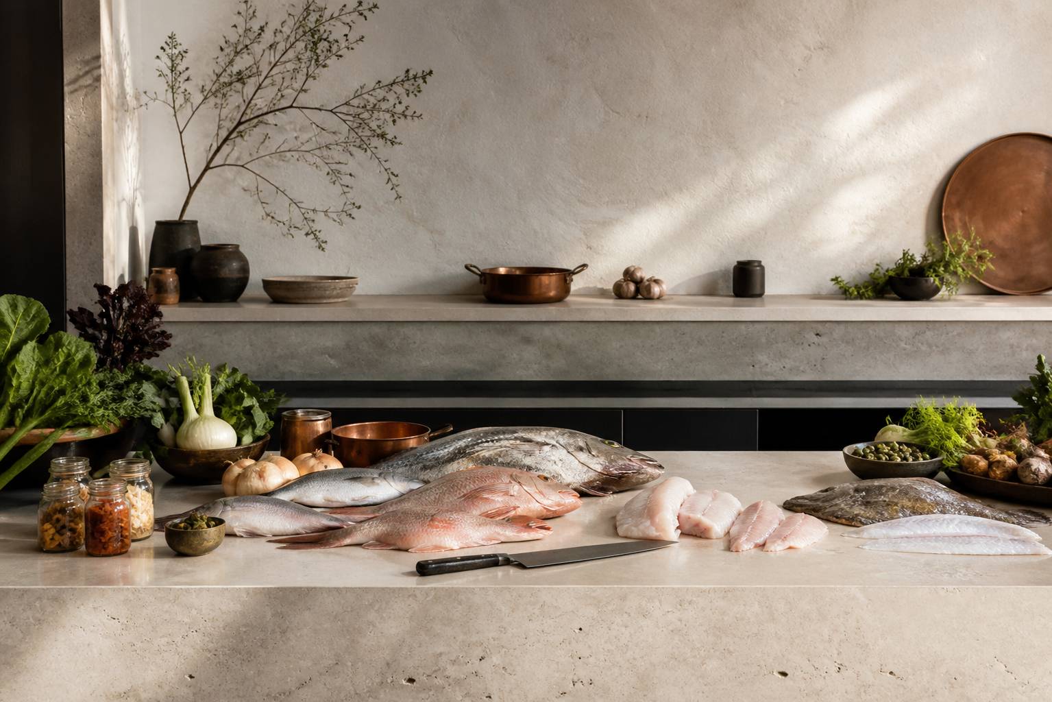 Plan de travail avec poissons frais et légumes du jardin