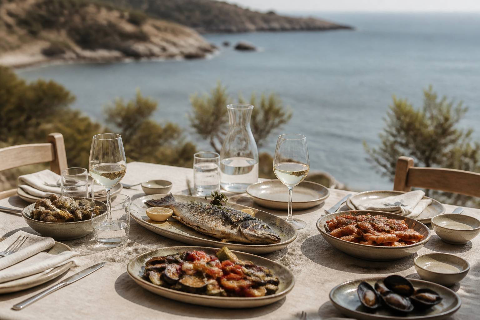 Table de restaurant méditerranéen avec poisson grillé et légumes du soleil en bord de mer