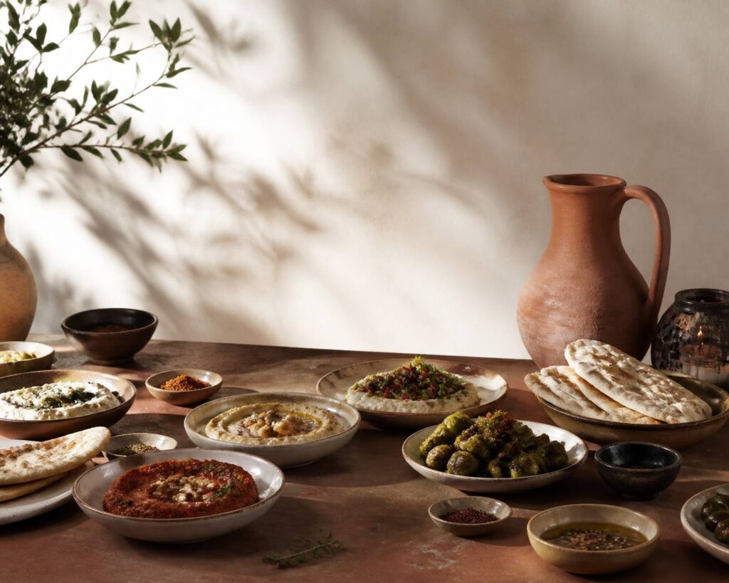 Plats de cuisine orientale des Balkans avec mezzes, pains et épices sur une table