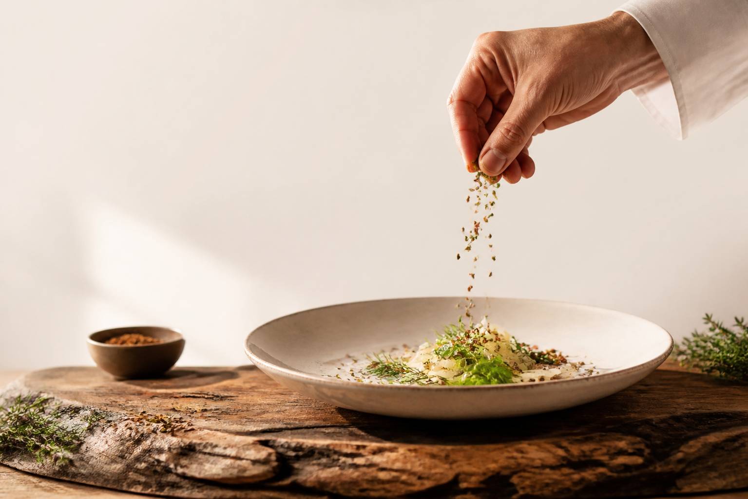 Main de cuisinier dressant une assiette avec herbes