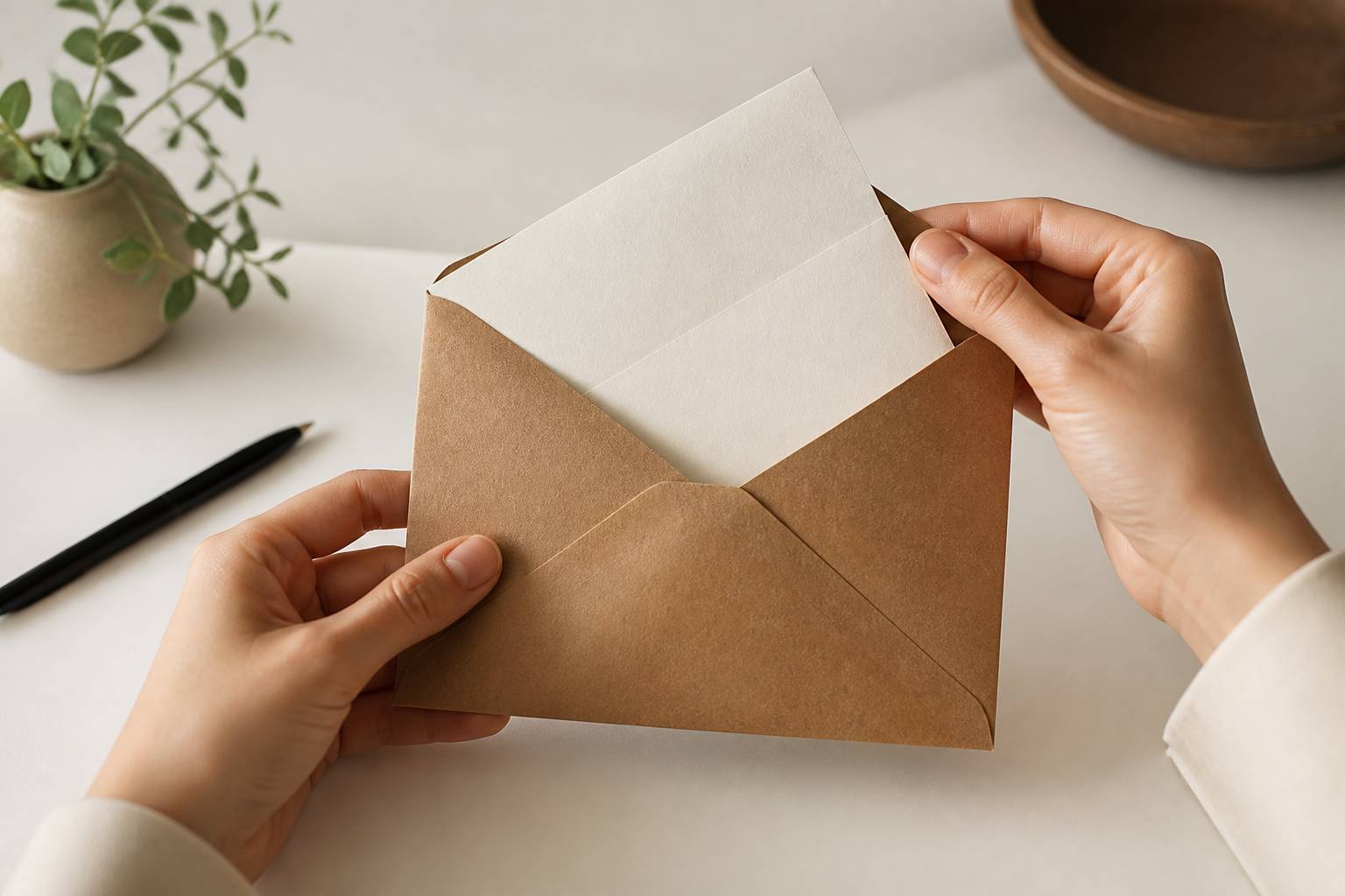 Mains ouvrant une enveloppe kraft contenant une lettre sur un bureau clair