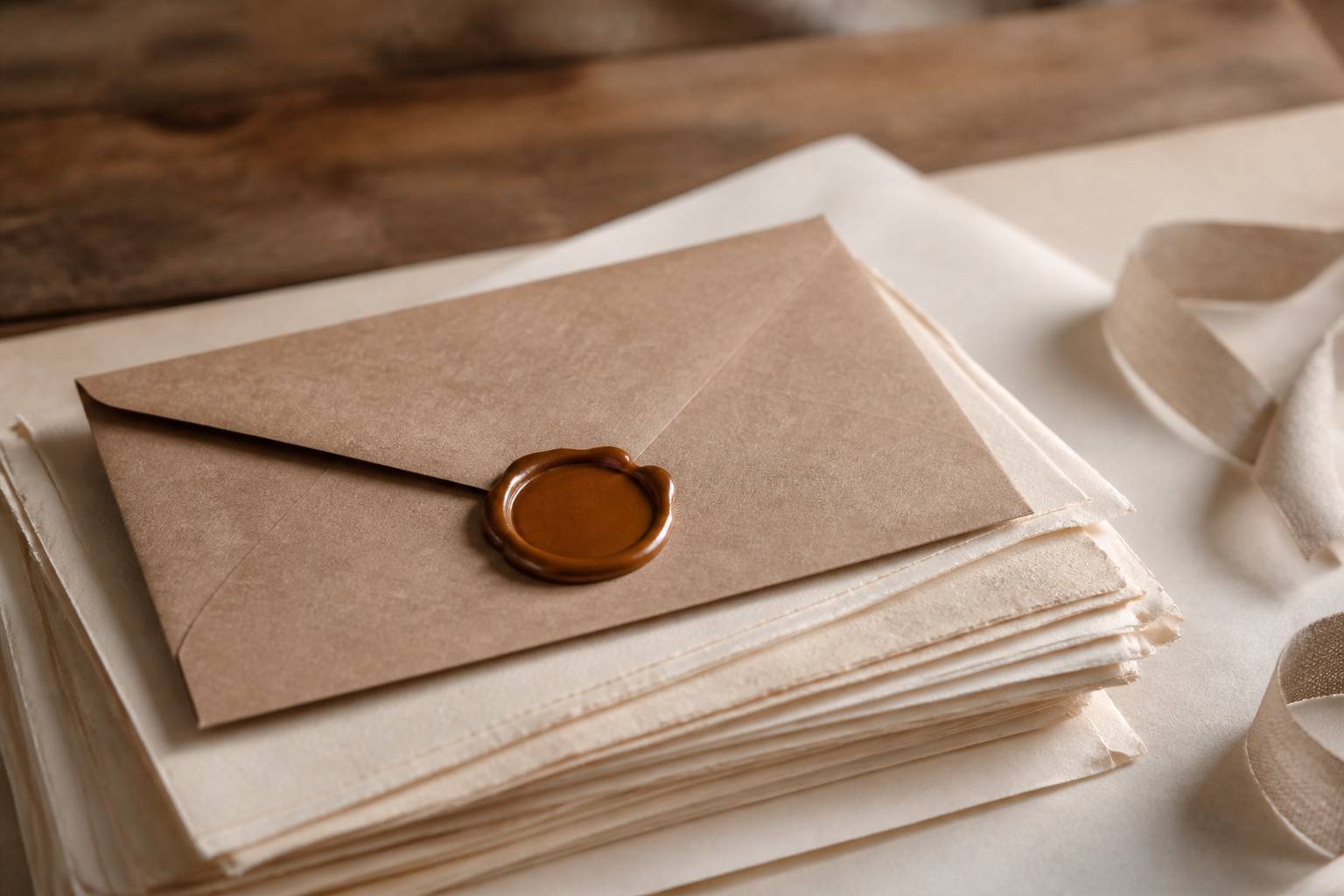 Enveloppe kraft avec un cachet de cire posée sur des pages pliées