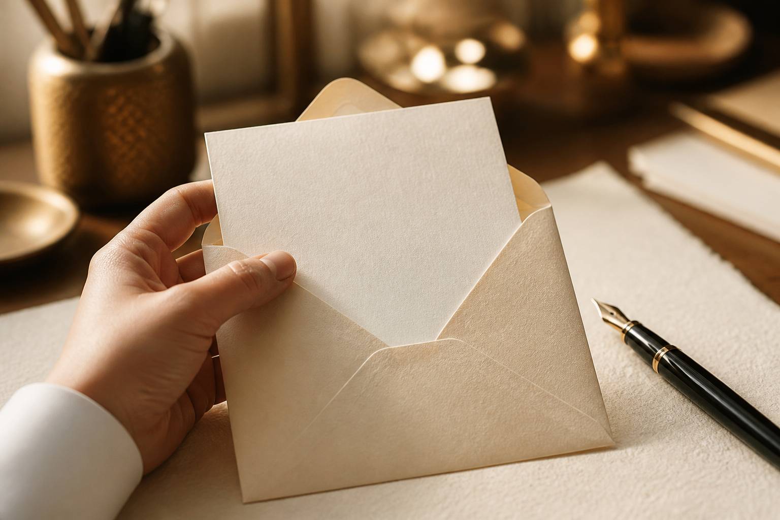 Enveloppe crème ouverte avec une carte et un stylo plume