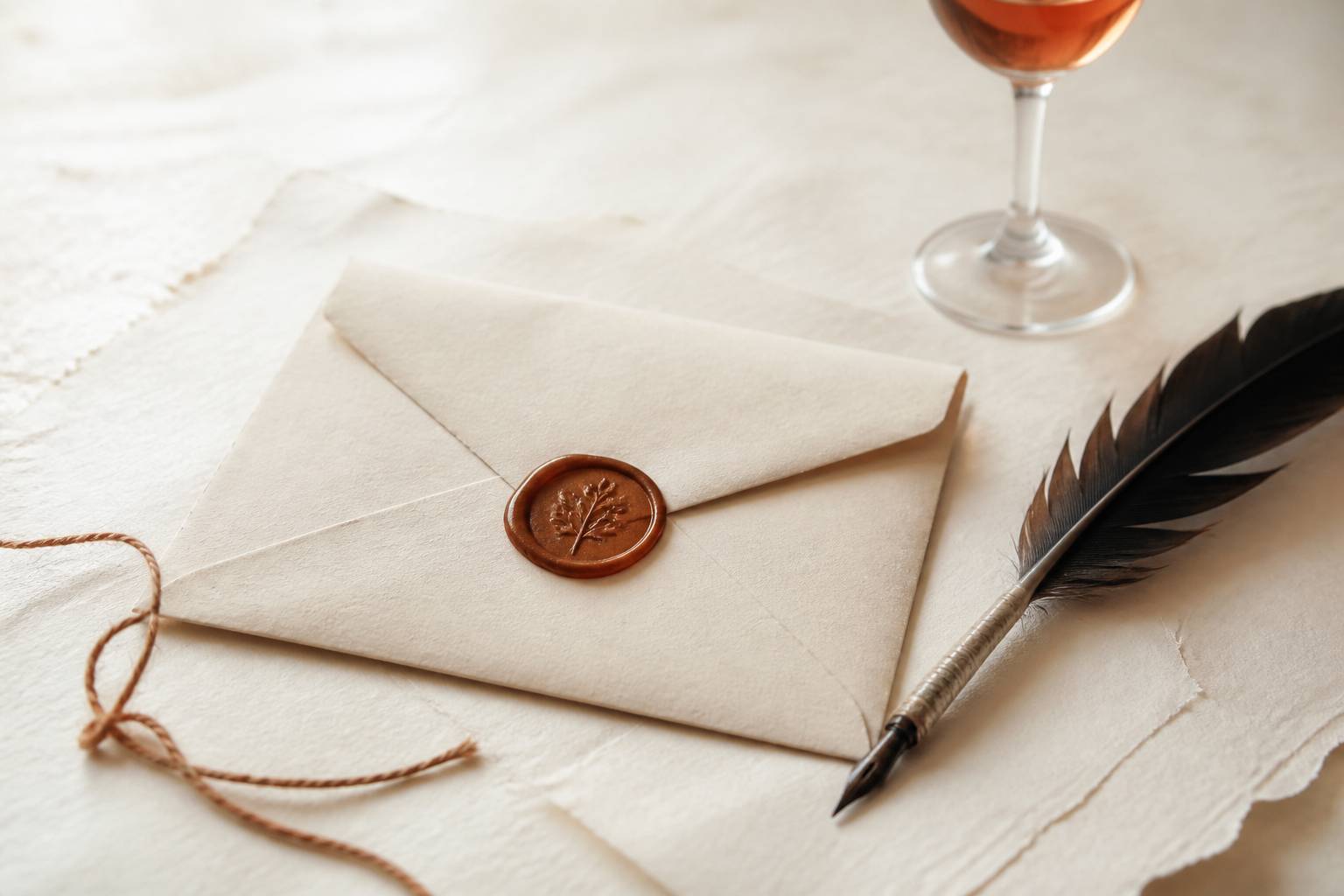 Enveloppe en papier crème fermée d'un sceau de cire ambre